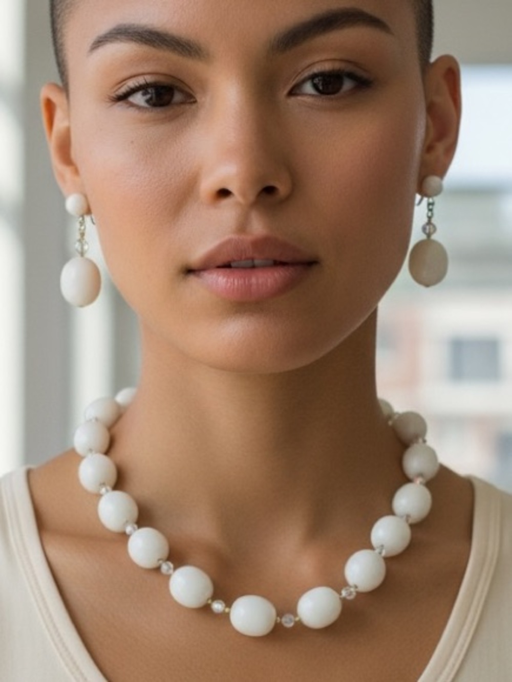 VTG 50s SIGNED DALSHEIM MILK GLASS & AURORA CRYSTAL CHOKER & CLIP EARRING SET